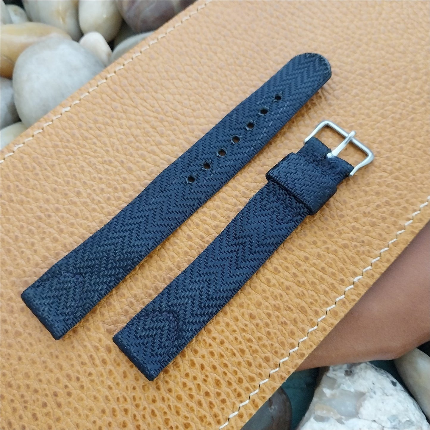 Elgin Buckle &5/8" Blue Patterened Nylon Unused Long 1950s Vintage Watch Band