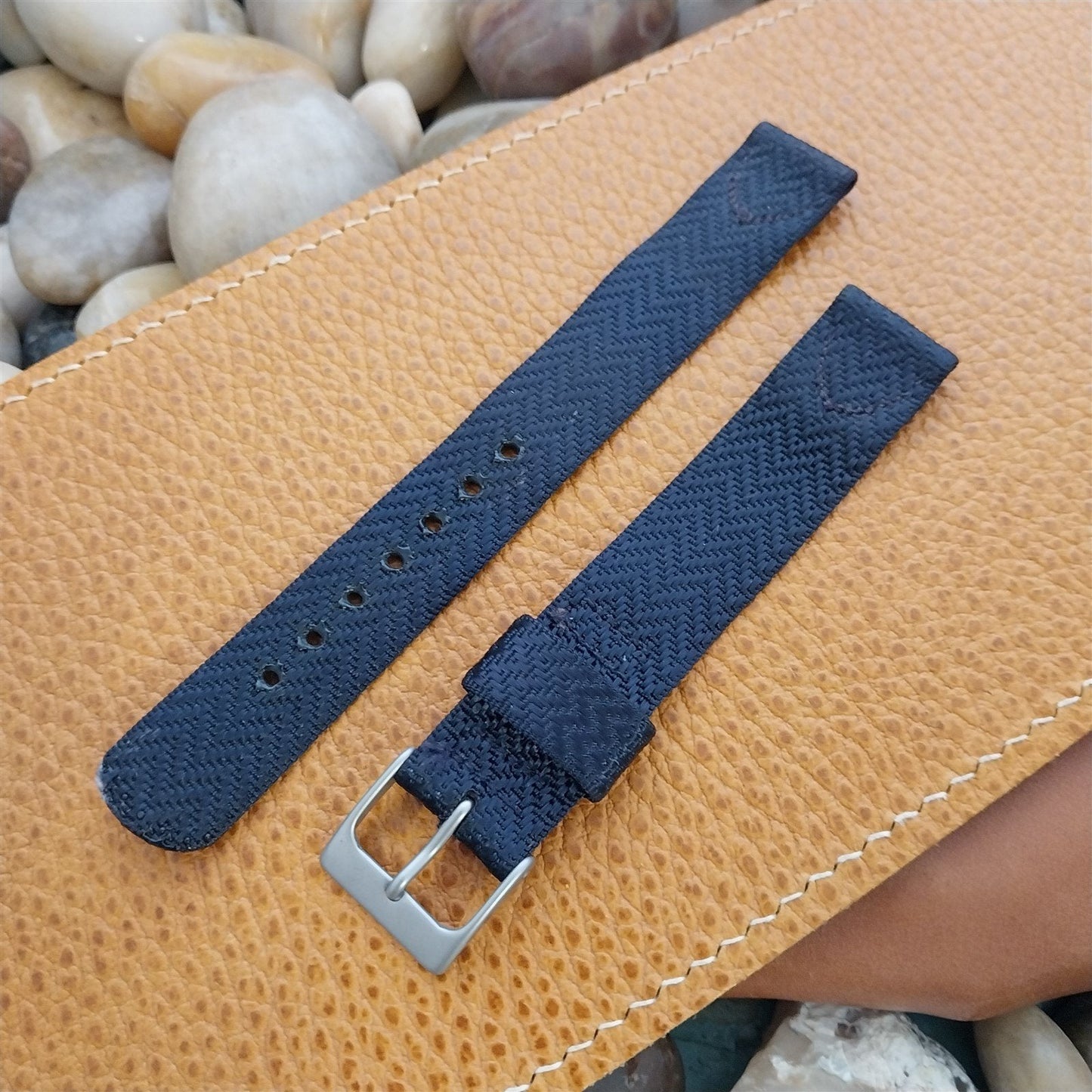 17mm Blue Patterened Nylon Unused Long 1960s Vintage Watch Band & Matte Buckle