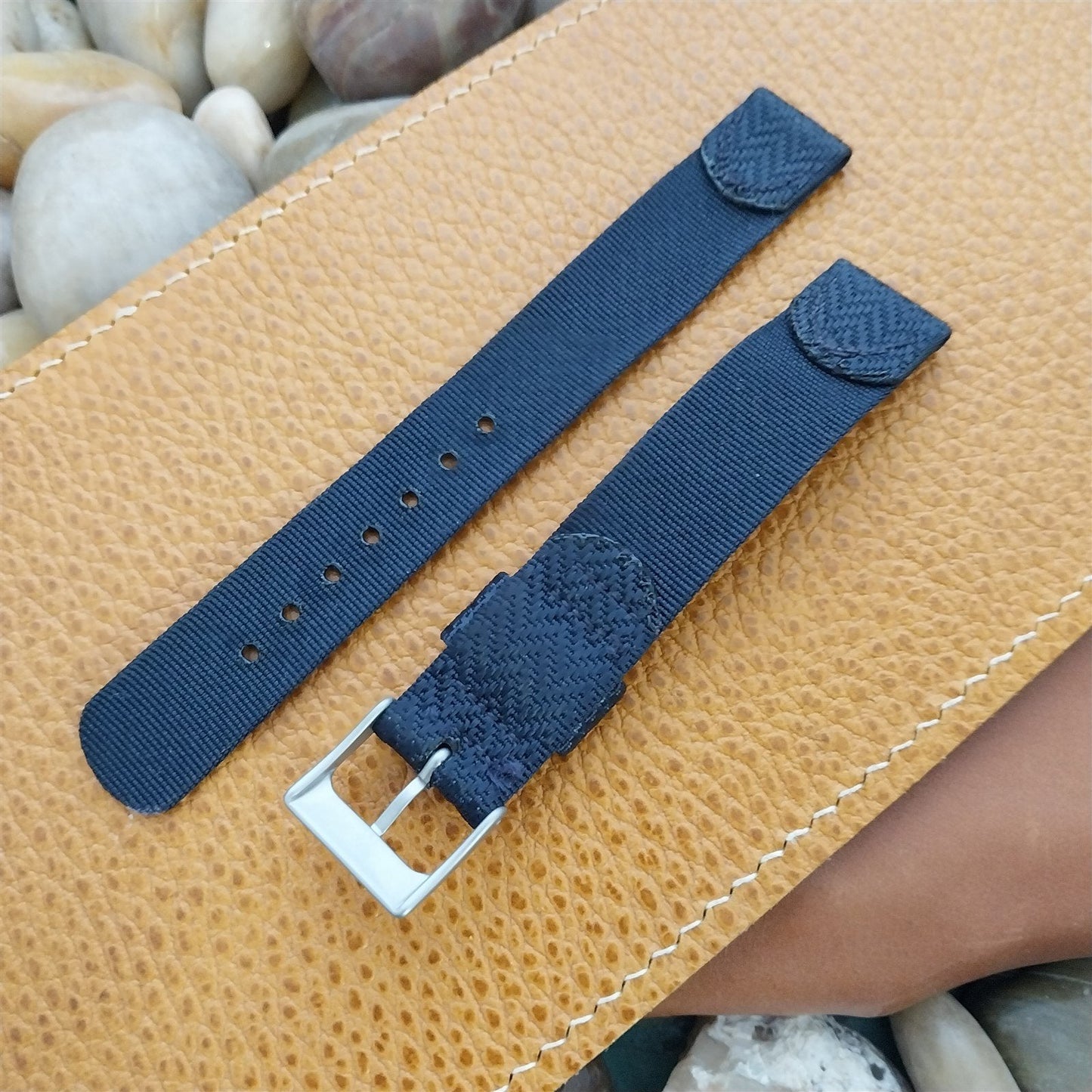 17mm Blue Patterened Nylon Unused Long 1960s Vintage Watch Band & Matte Buckle