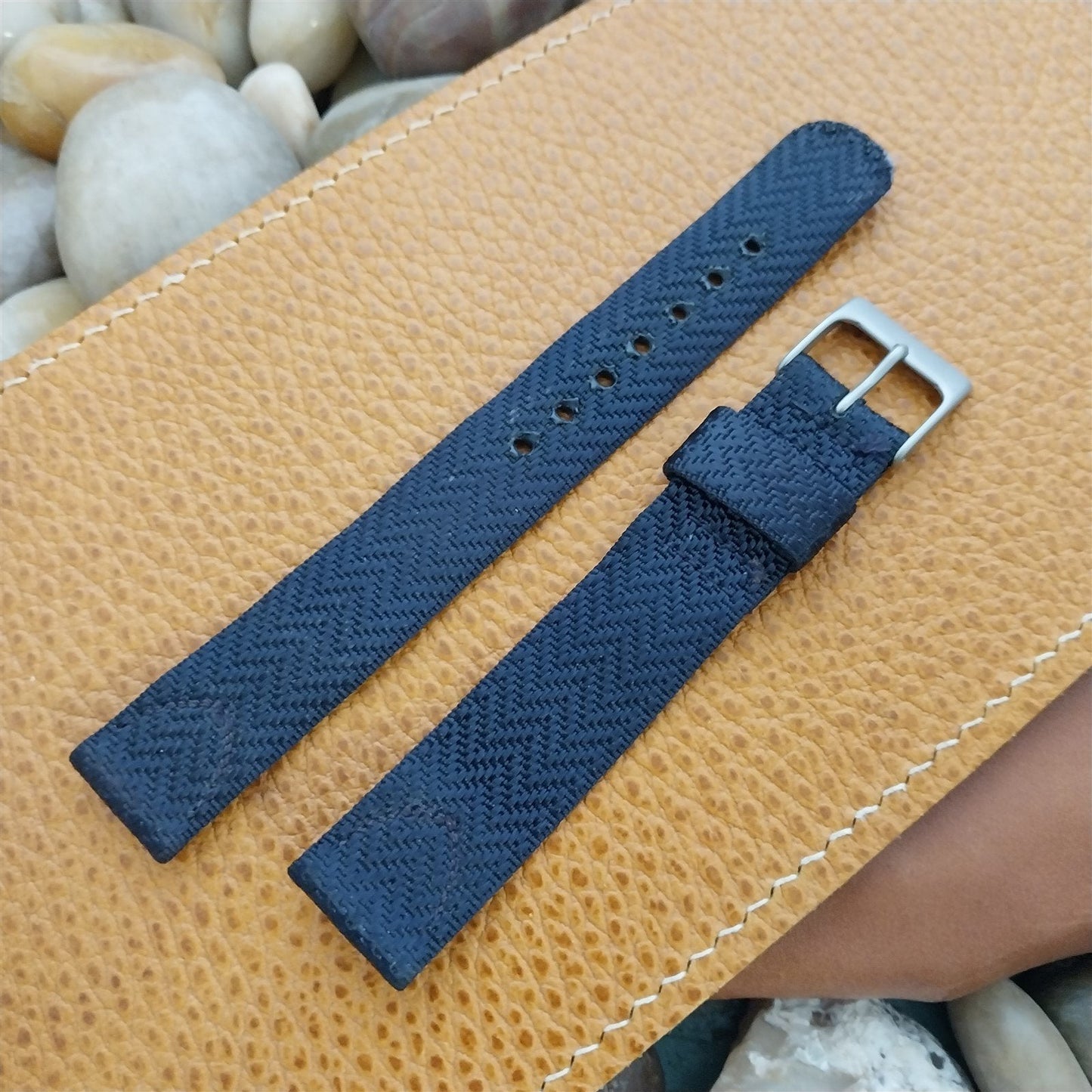 17mm Blue Patterened Nylon Unused Long 1960s Vintage Watch Band & Matte Buckle