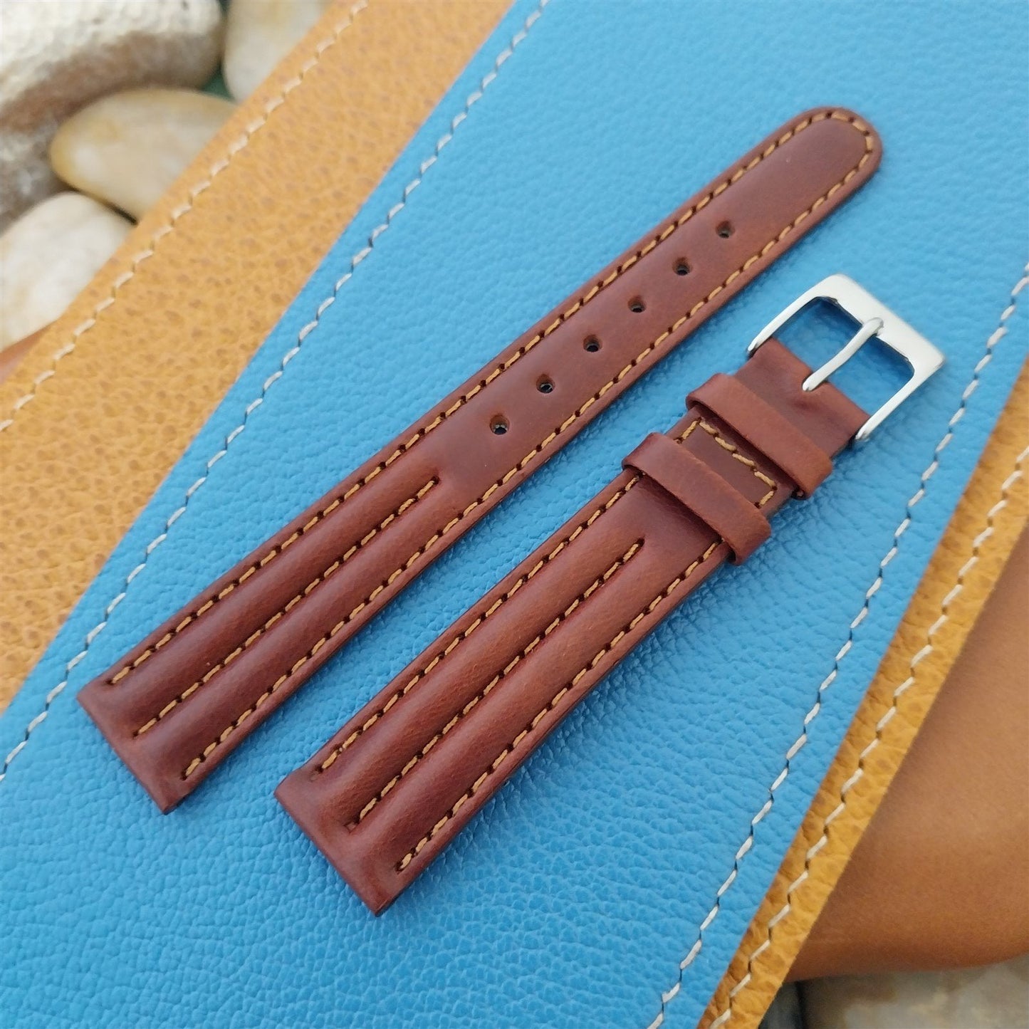 16mm Brown Leather Classic Tapered Contrast Stich 16/14 Unused Watch Band