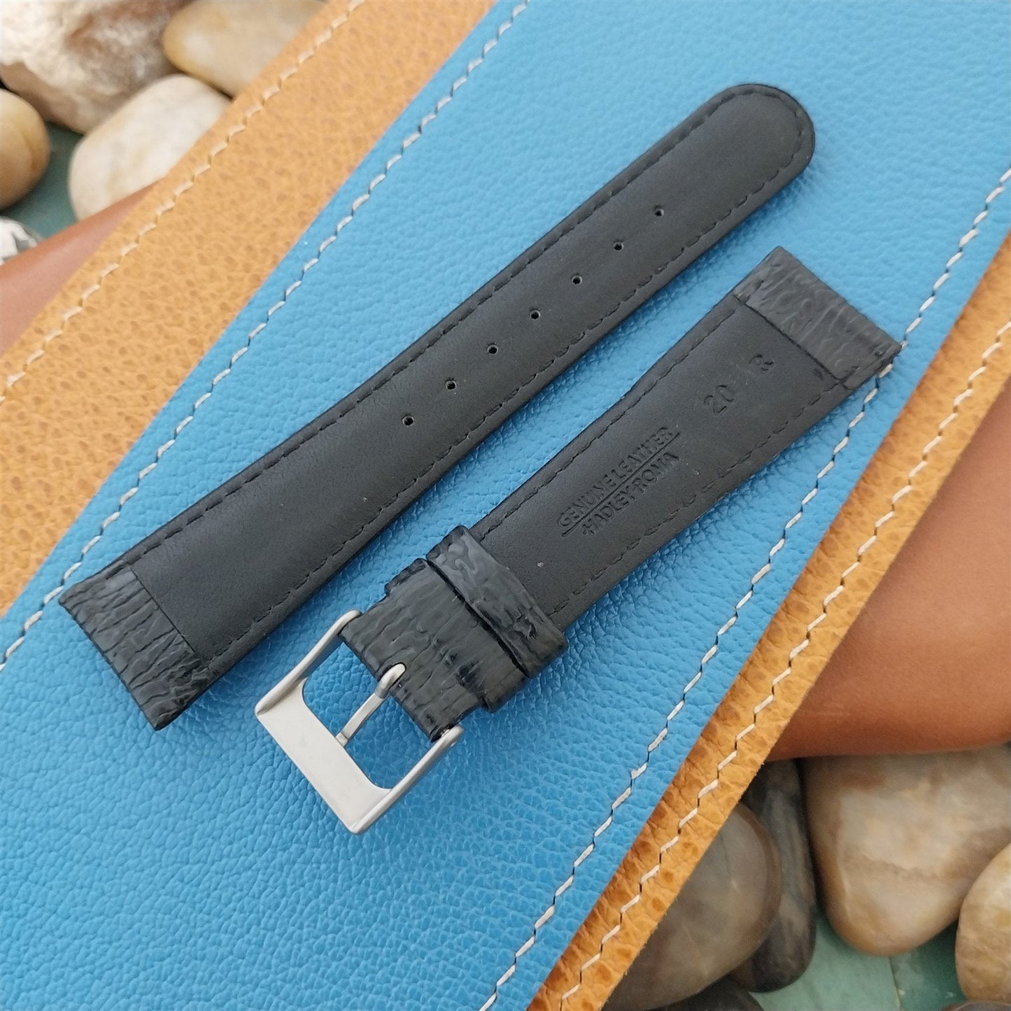 20mm Hadley Roma Black Leather Imitation Shark Classic 20/16 Tapered Watch Band