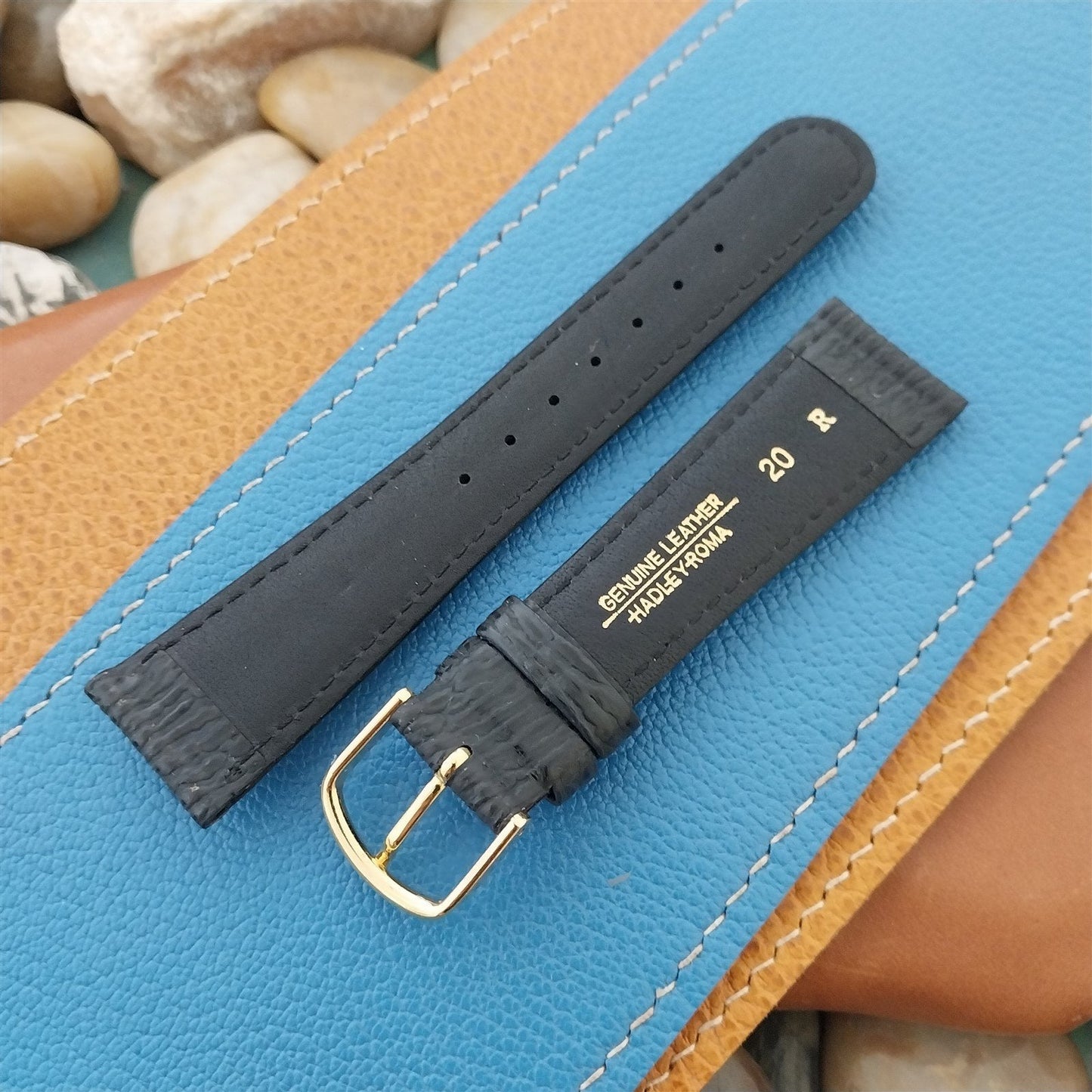 20mm Hadley Roma Black Leather Imitation Shark Classic 20/16 Tapered Watch Band