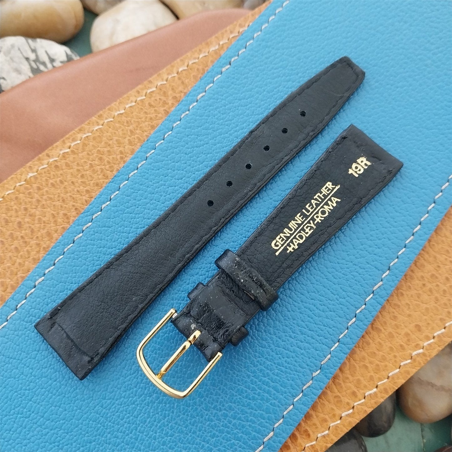 19mm Hadley Roma Black Leather Classic Tapered 19/14 Vintage Watch Band