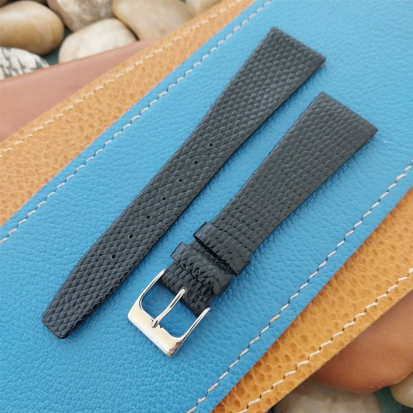 20mm Hadley Roma Black Lizard-Grain Tapered Leather Unused Vintage Watch Band