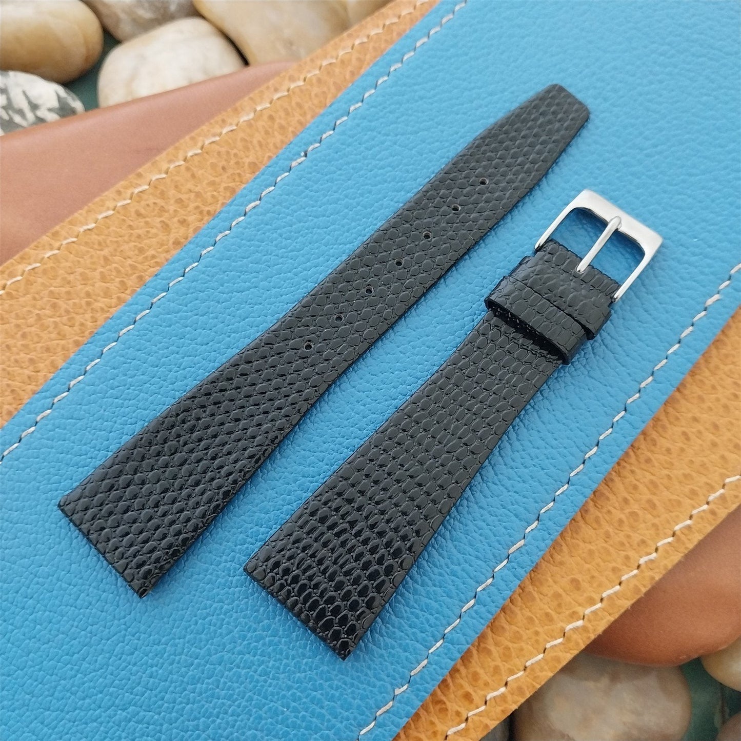 20mm Hadley Roma Black Lizard-Grain Tapered Leather Unused Vintage Watch Band