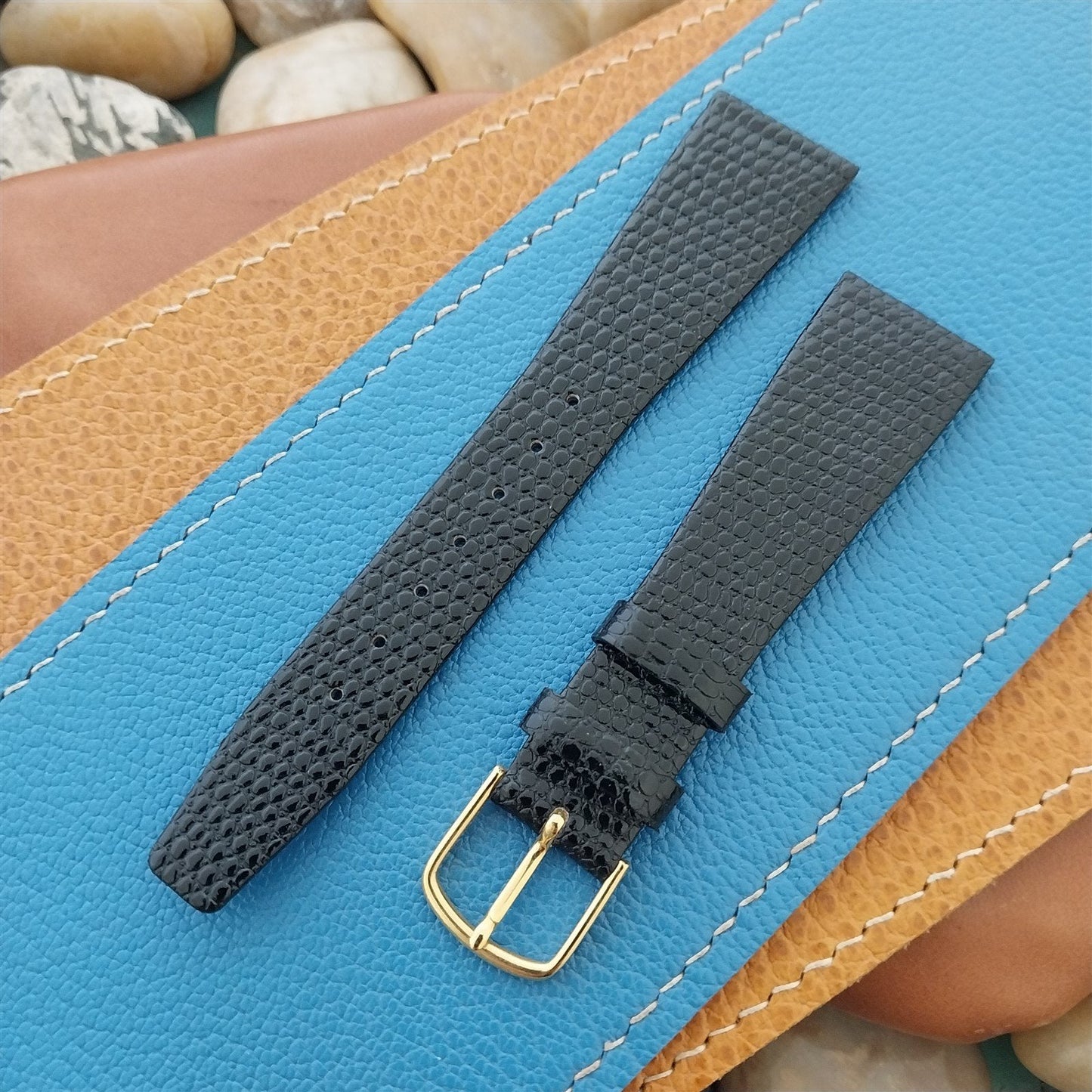 20mm Hadley Roma Black Lizard-Grain Tapered Leather Unused Vintage Watch Band