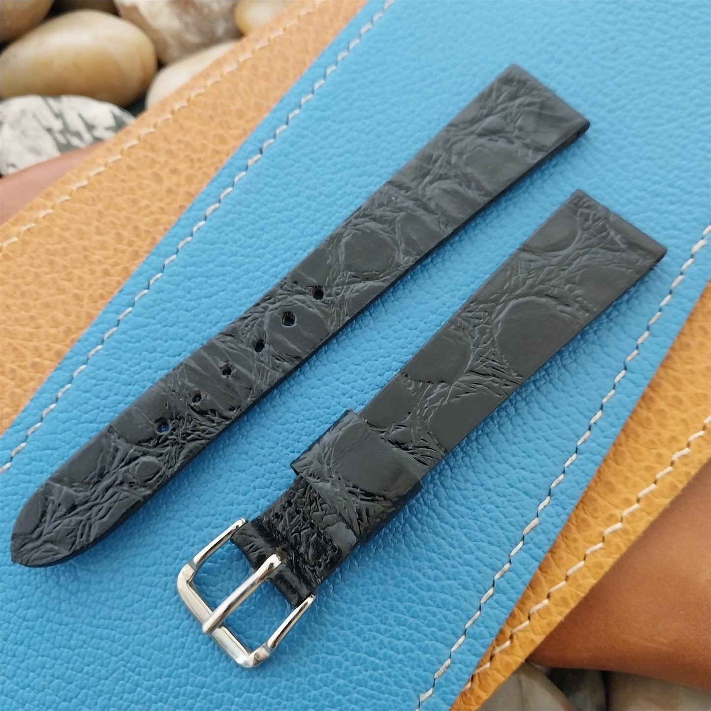 17.2mm Caravelle Bulova Black Leather Unused Classic 1970s Vintage Watch Band