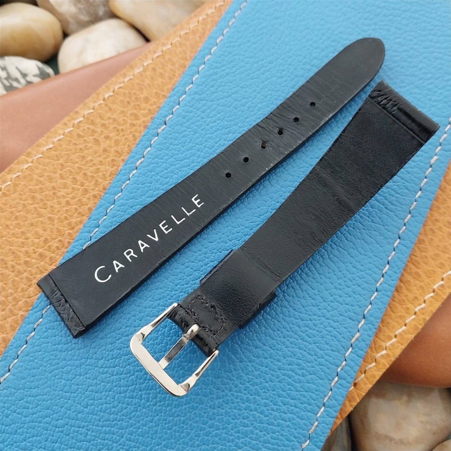 11/16 Caravelle Bulova Black Leather Unused Classic nos 1970s Vintage Watch Band