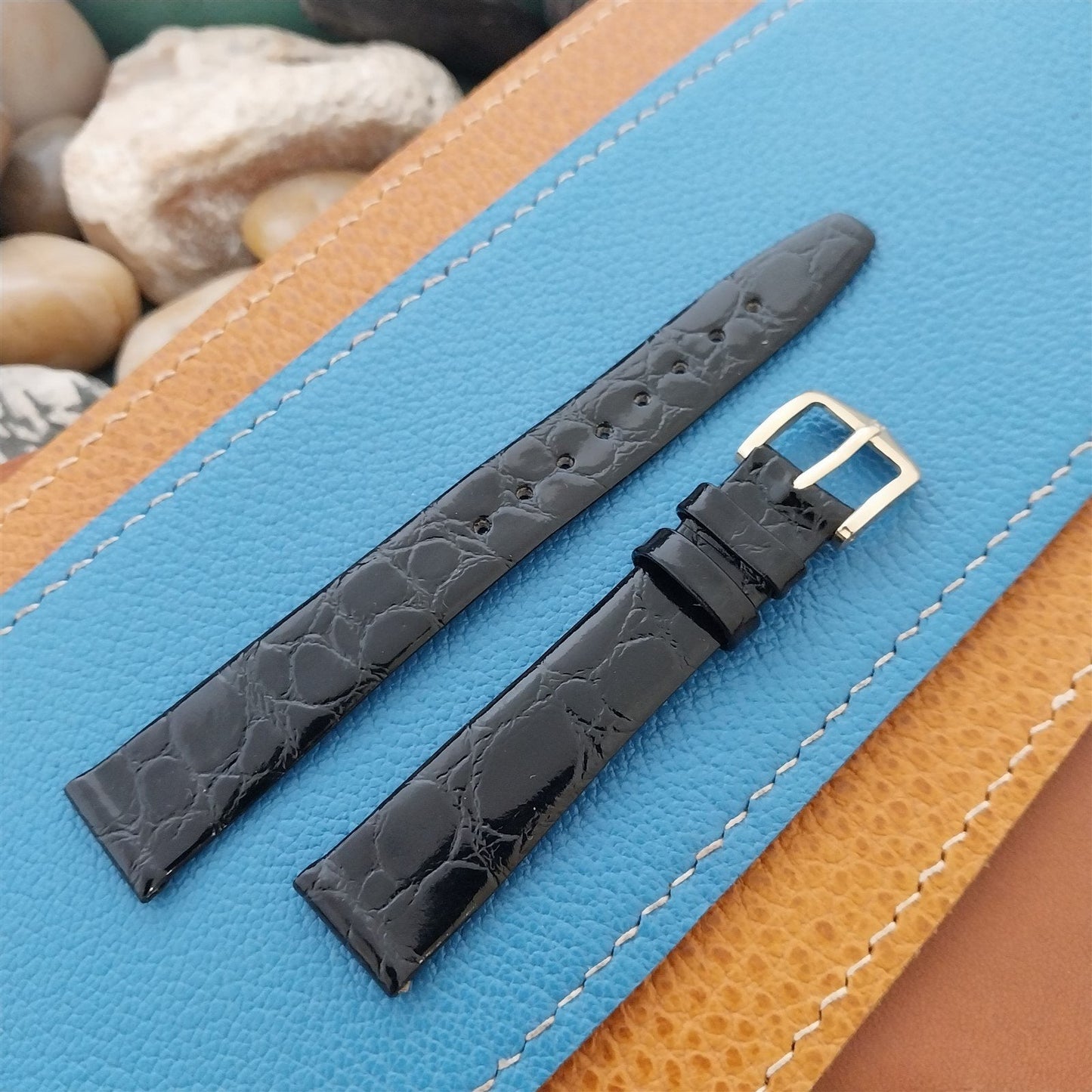 14mm Hirsch Black Simulated Croc Leather Unused nos Vintage Watch Band