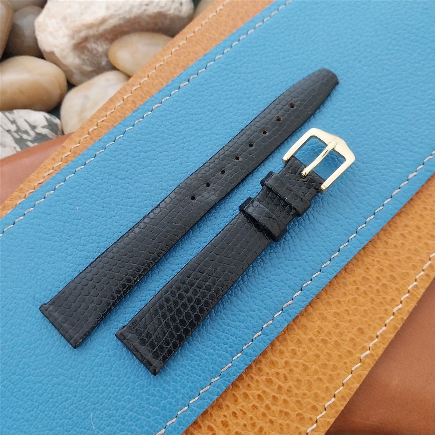 14mm Hirsch Black Simulated Lizard Grain Leather Unused nos Vintage Watch Band