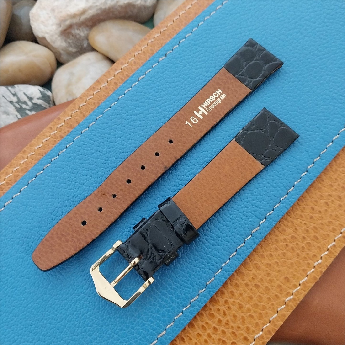 16mm Hirsch Black Simulated Croc Leather Unused Tapered 16/14 Watch Band