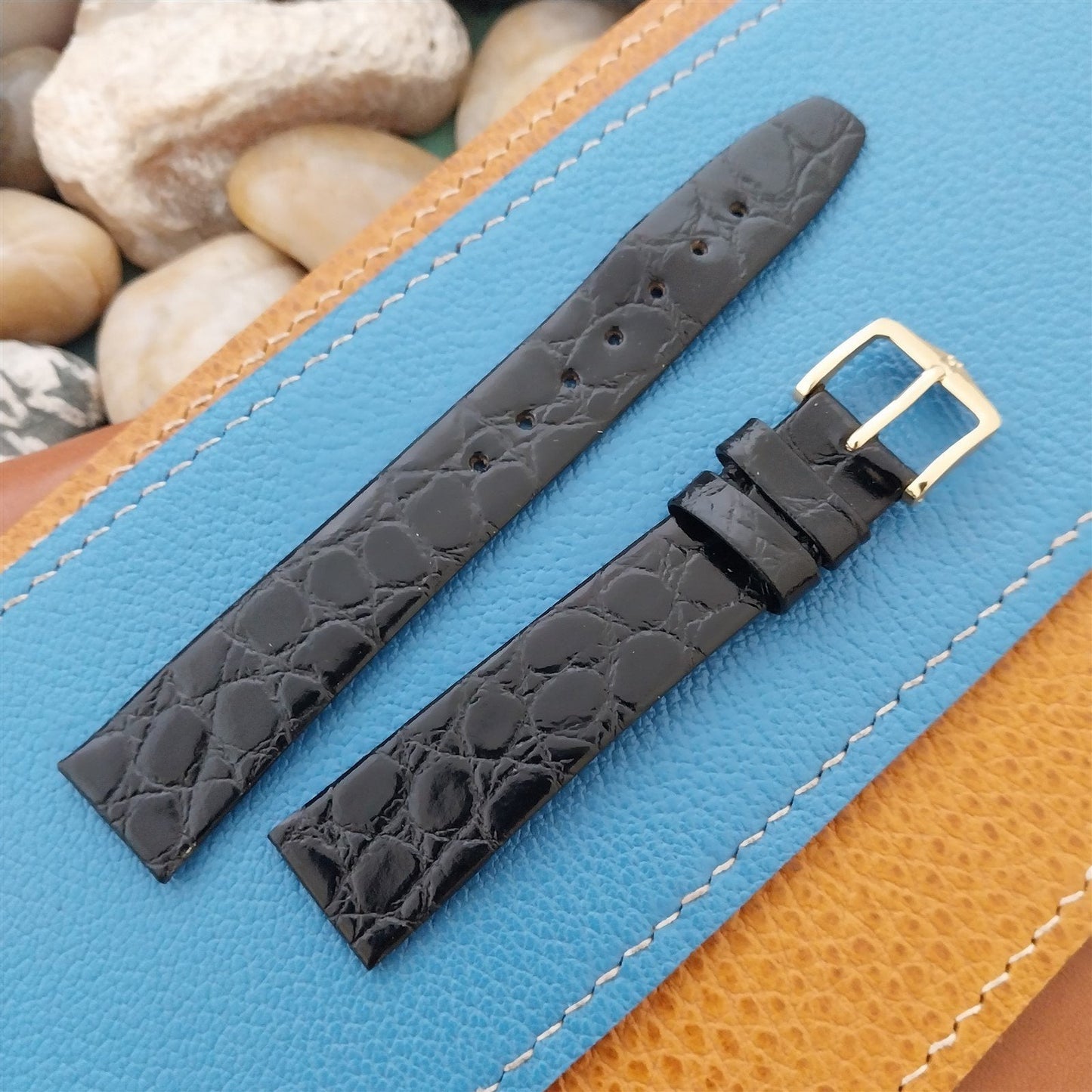 16mm Hirsch Black Simulated Croc Leather Unused Tapered 16/14 Watch Band