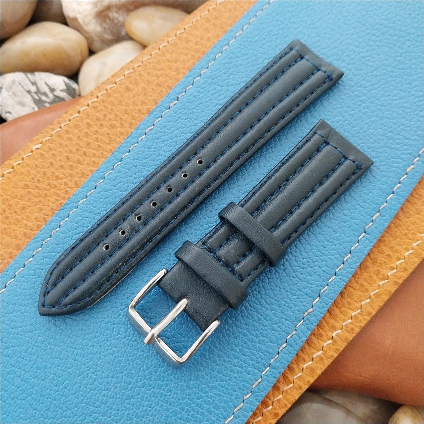 20mm Padded Ridge Blue Leather Tapered 20/18 Unused Watch Band