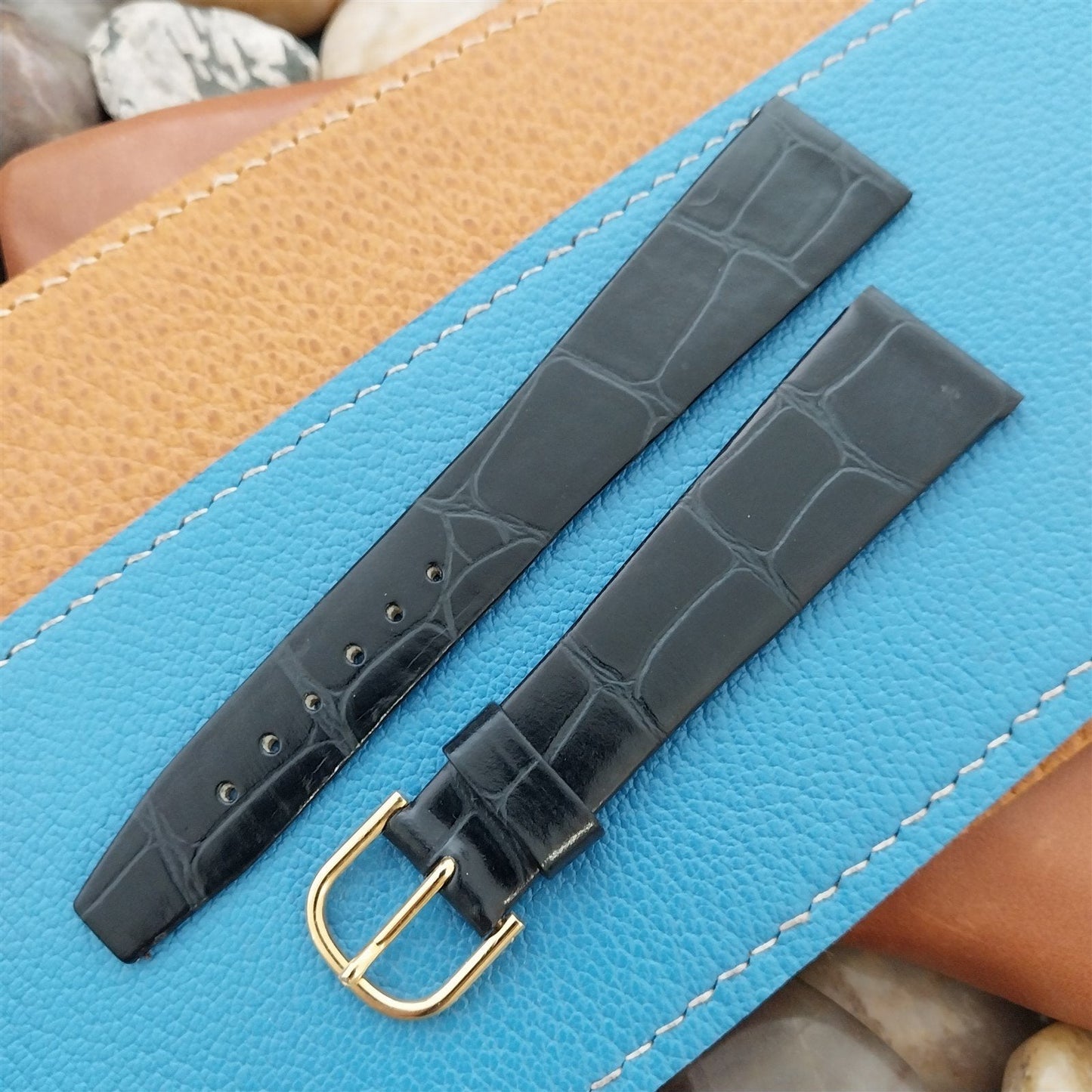 20mm Unpadded Slim Black Imitation Crocodile Leather Unused Vintage Watch Band