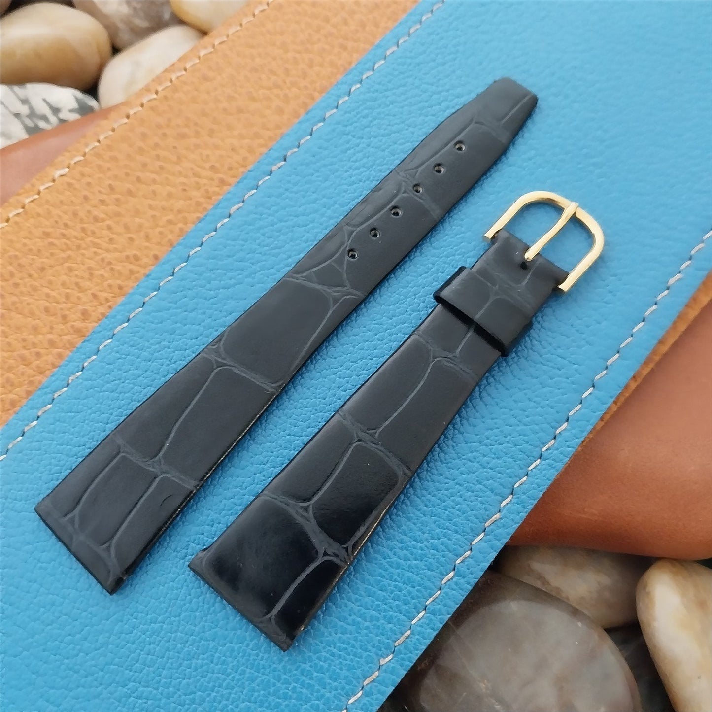 20mm Unpadded Slim Black Imitation Crocodile Leather Unused Vintage Watch Band