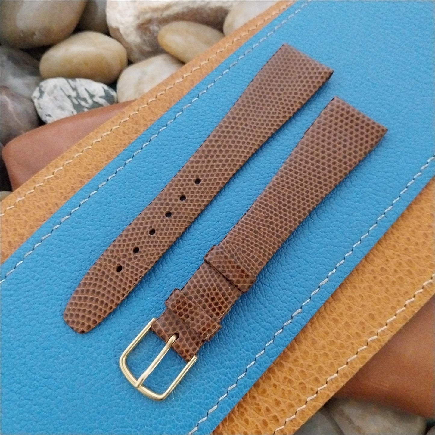 Long 20mm Hirsch Brown Lizard-Grain Leather Classic Tapered Unused Watch Band