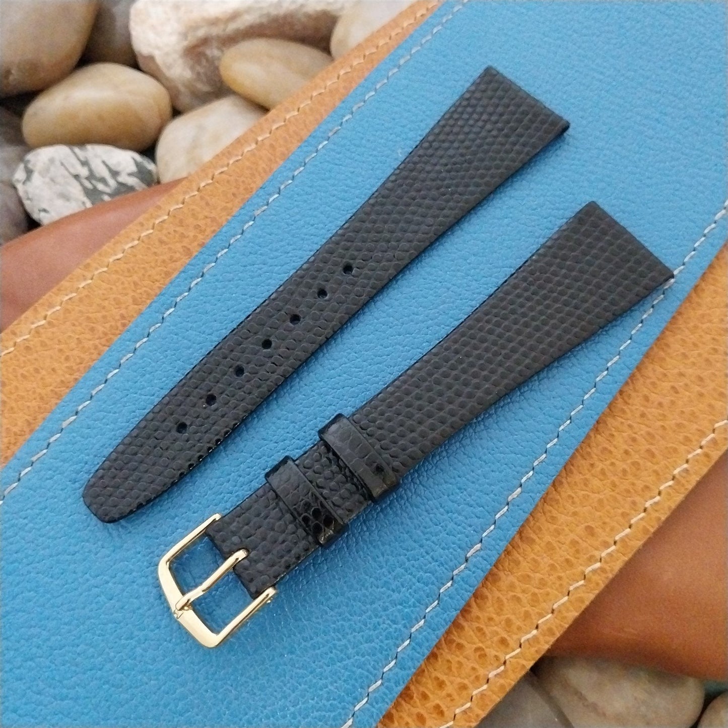 Long 20mm Hirsch Black Lizard-Grain Leather Classic Tapered Unused Watch Band