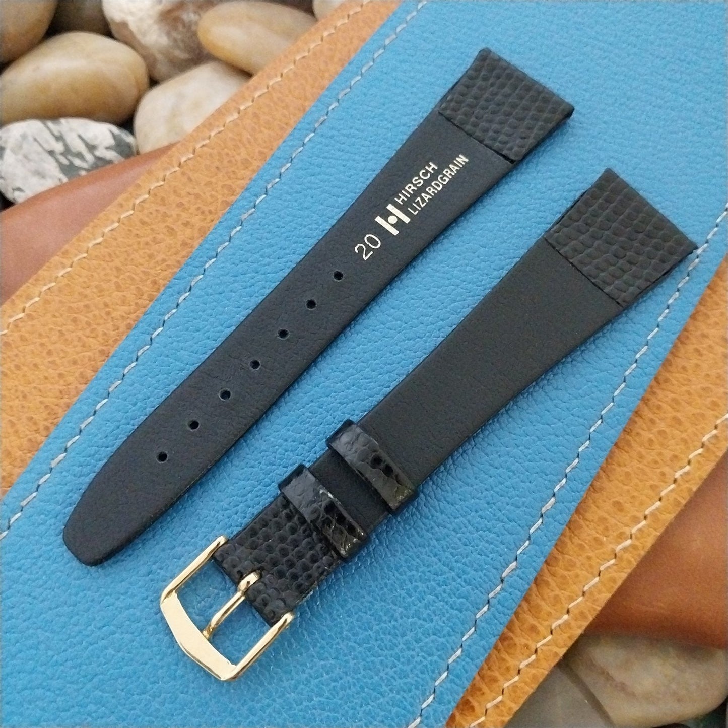 Long 20mm Hirsch Black Lizard-Grain Leather Classic Tapered Unused Watch Band