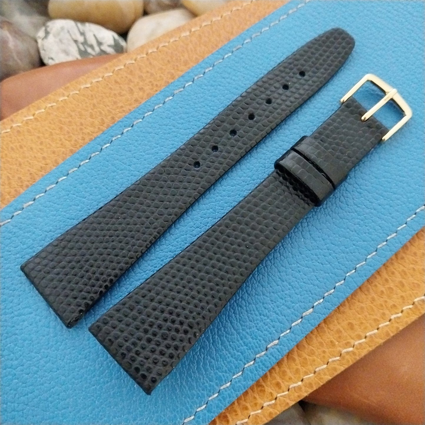 Long 20mm Hirsch Black Lizard-Grain Leather Classic Tapered Unused Watch Band