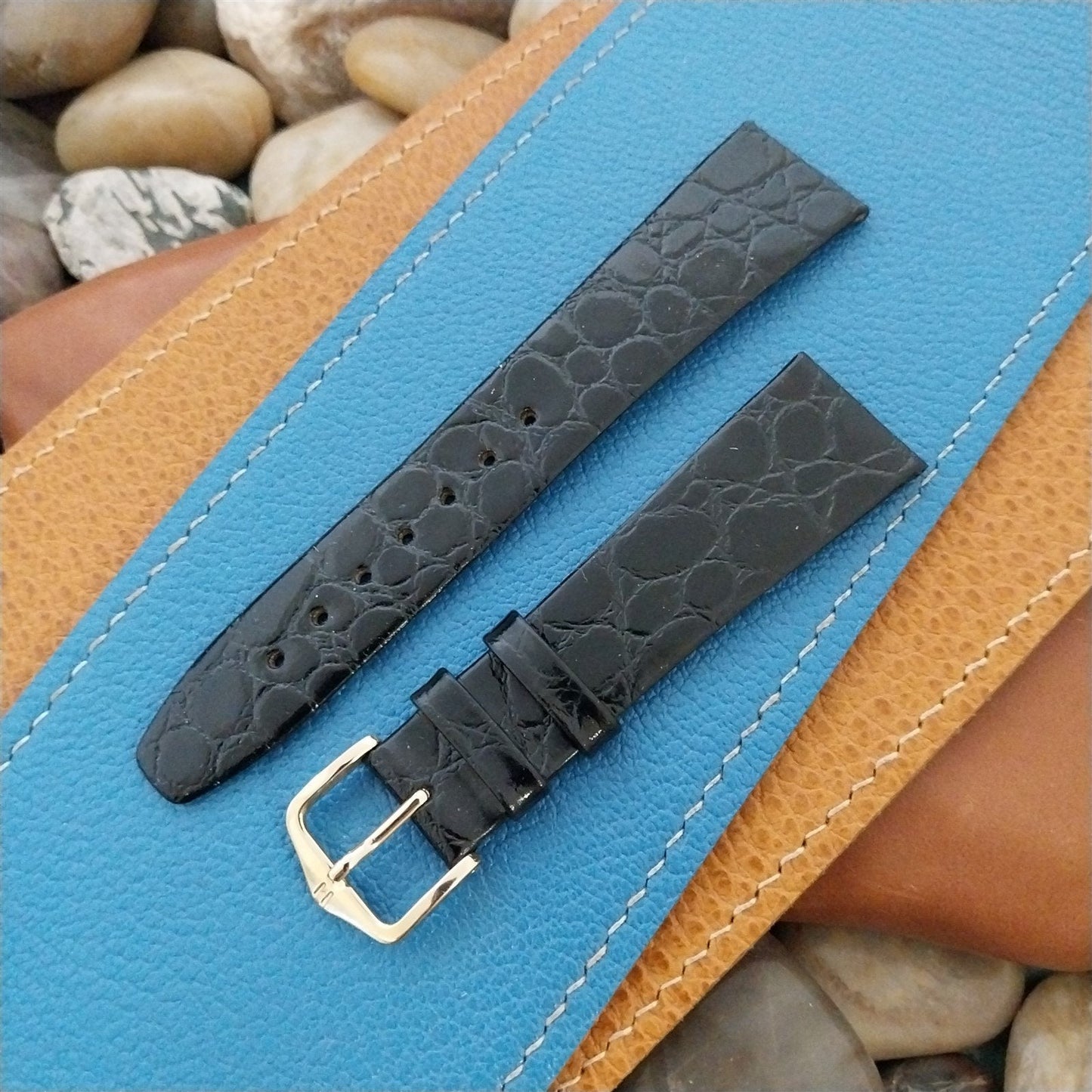 20mm Hirsch Black Simulated Croc Leather Unused Tapered 20/16 Watch Band