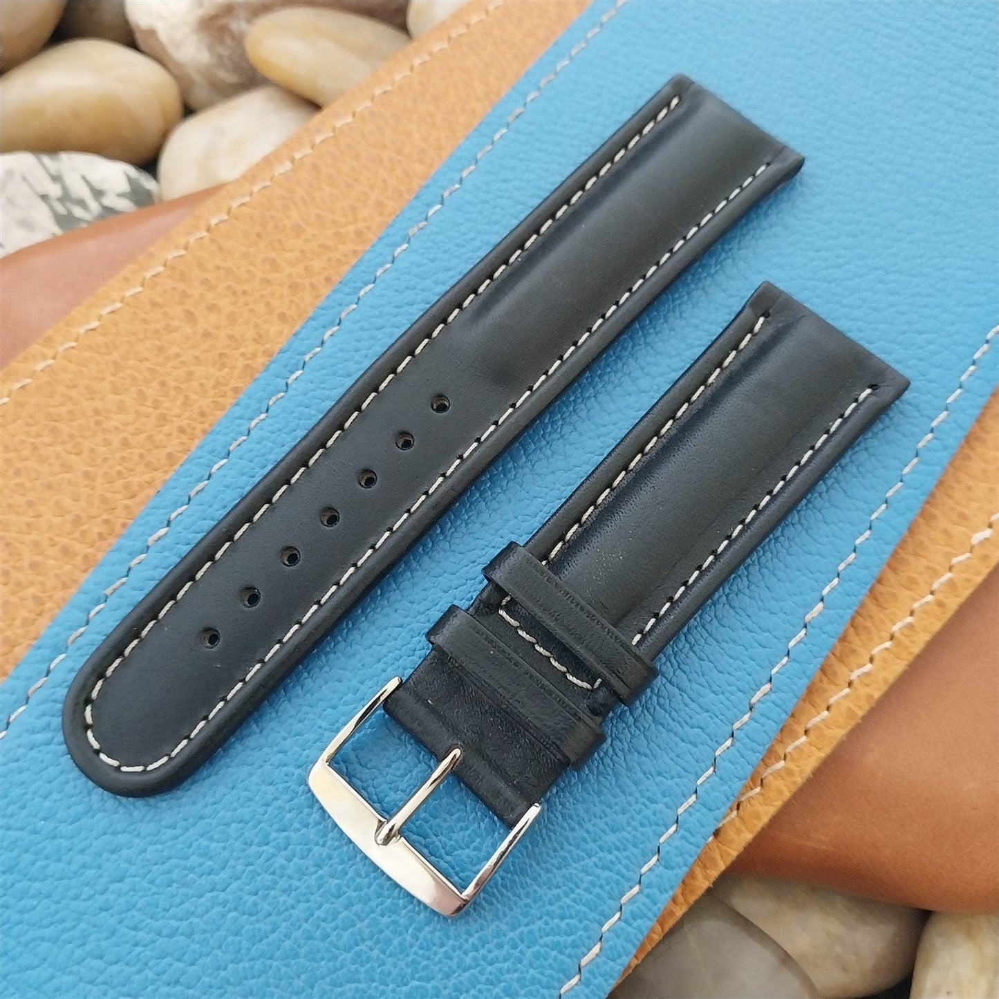 22mm Band-It Italy Black Contrast Stitch Leather 22/20 Unused Watch Band