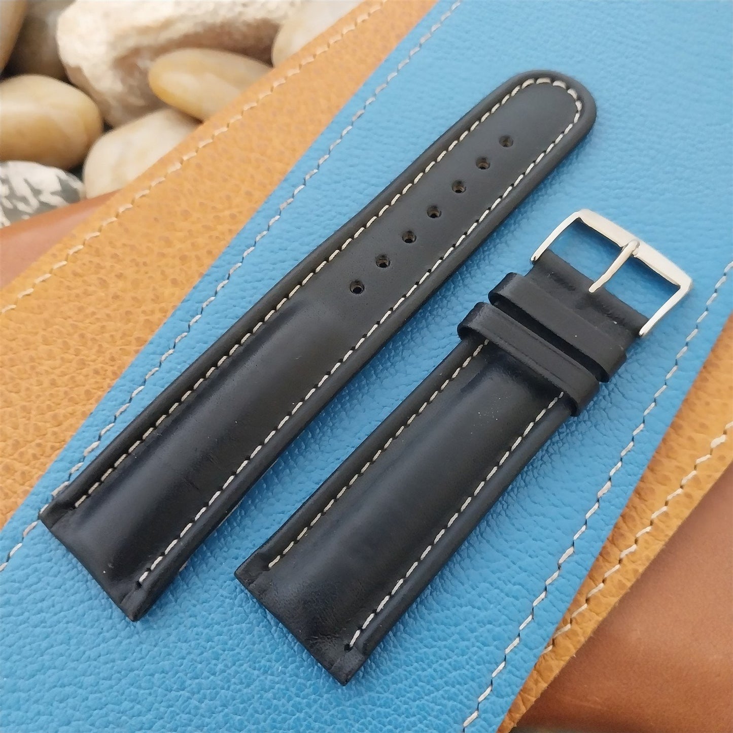 22mm Band-It Italy Black Contrast Stitch Leather 22/20 Unused Watch Band