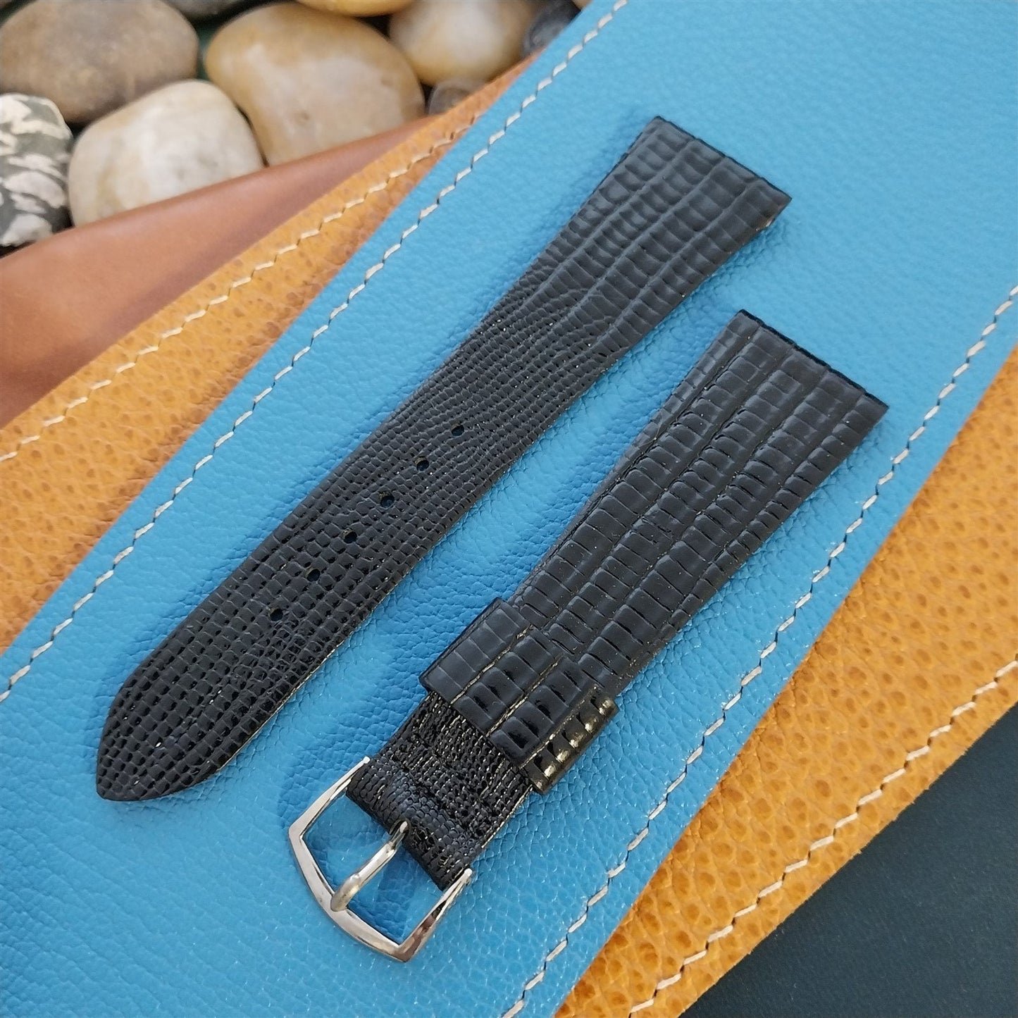 Vintage 22mm Black Lizard-Grain Leather Classic Tapered 22/16 Unused Watch Band