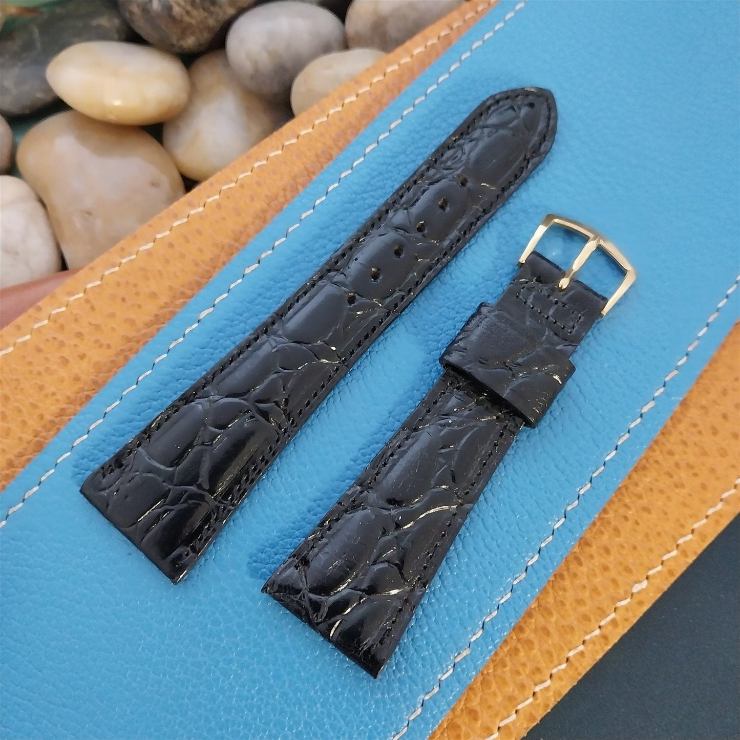 Vintage 22mm Black Lizard-Grain Leather Classic Tapered 22/16 Unused Watch Band