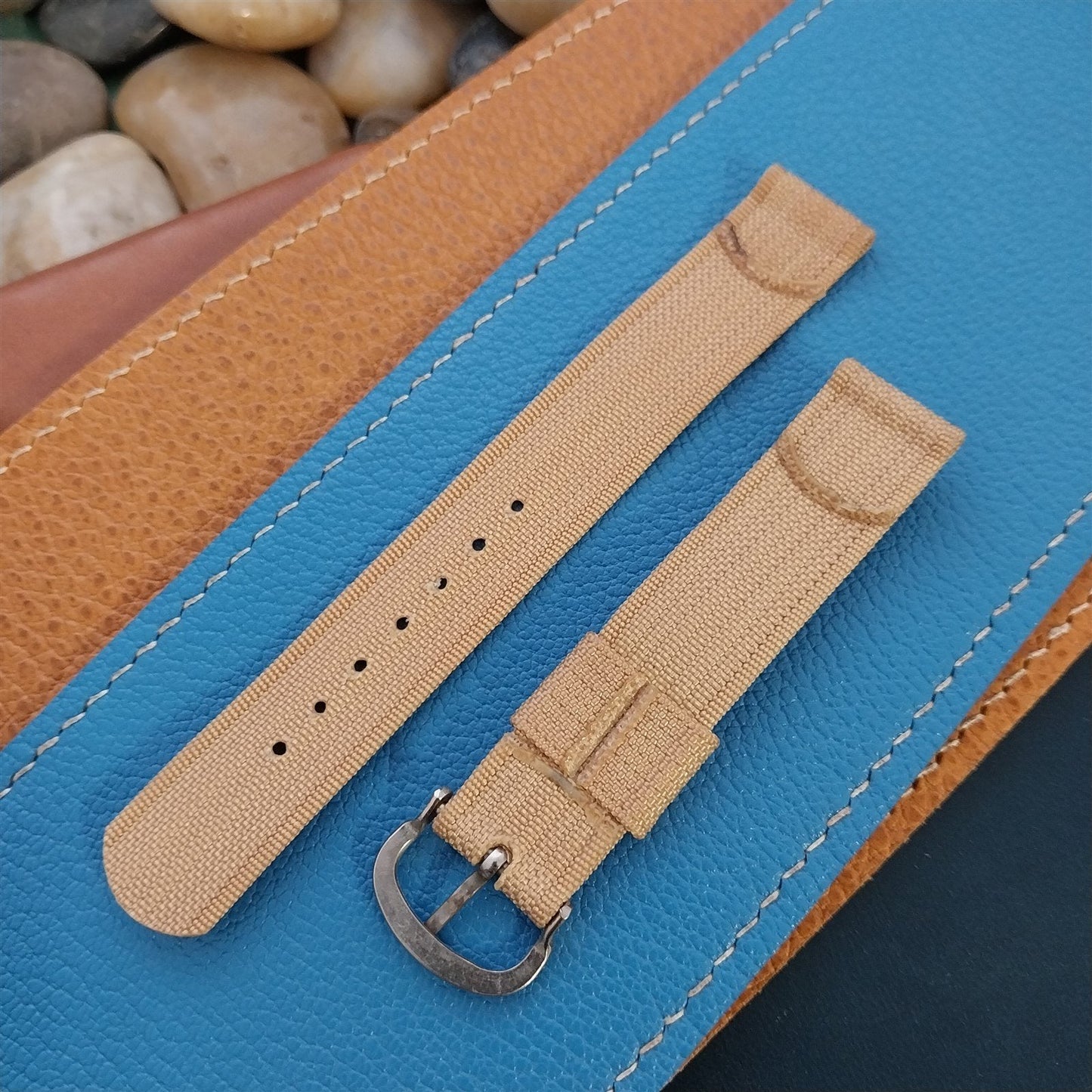 Vintage Tan 1940s 16mm Ribbed Rayon Nylon Two Piece Classic Unused Watch Band