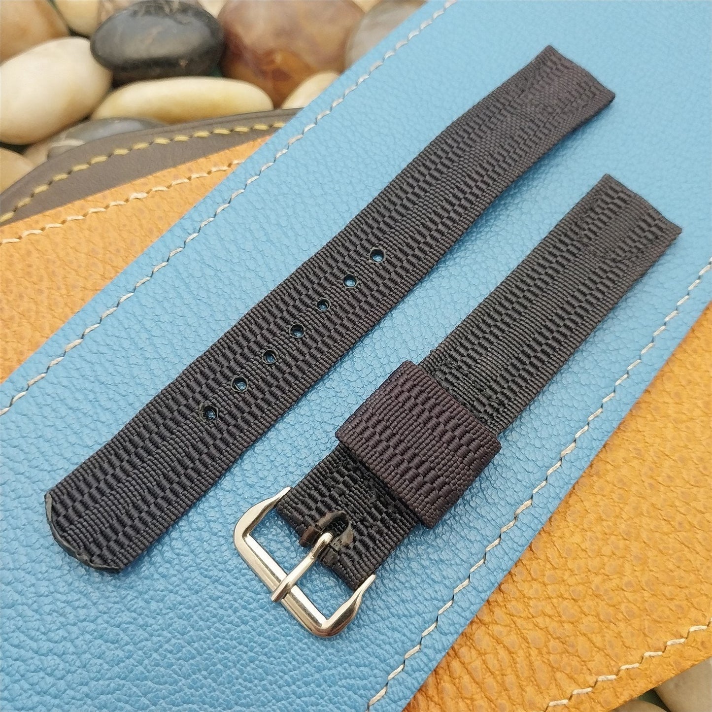 Vintage Blue 1940s 16mm Ribbed Rayon Nylon Two Piece Classic Unused Watch Band