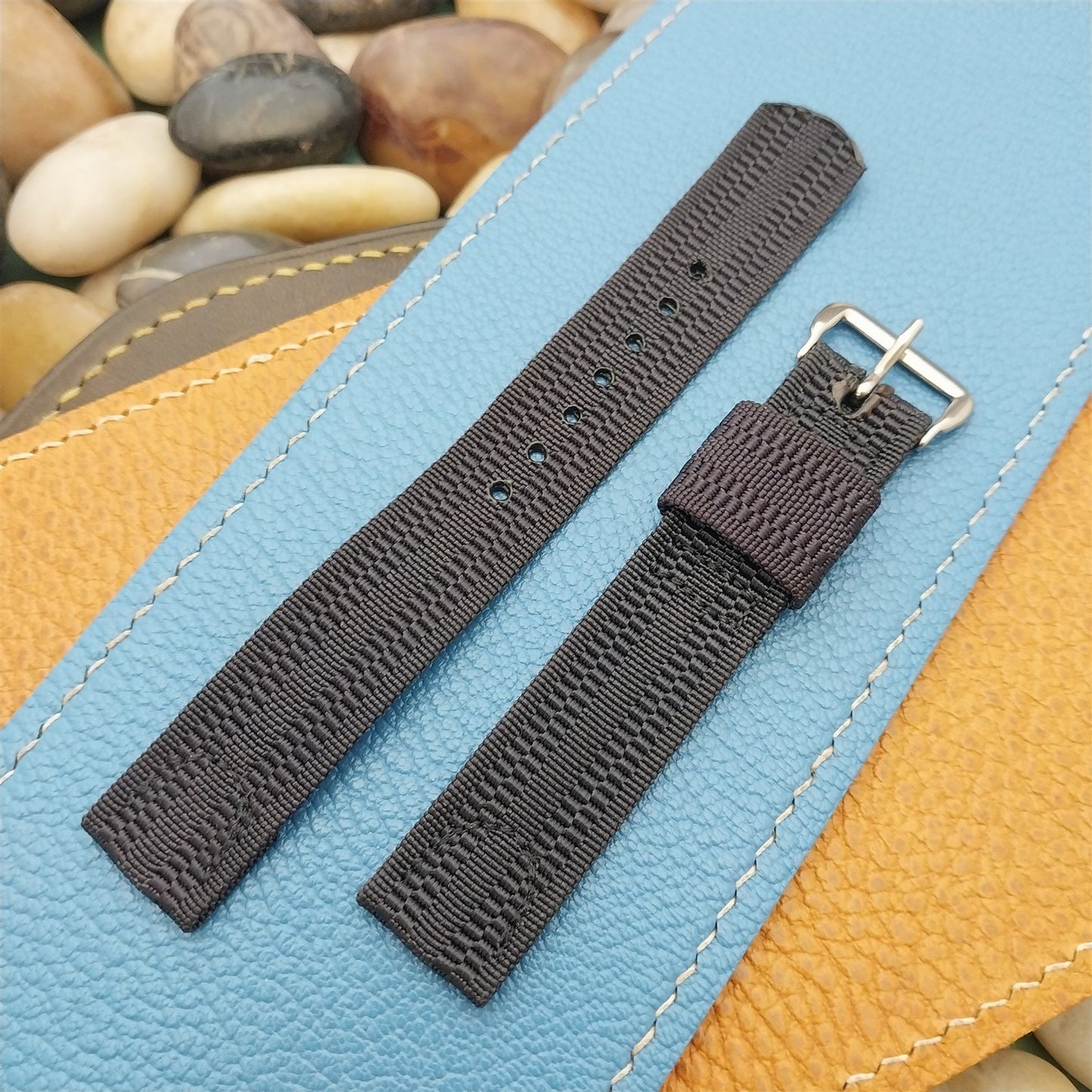 Vintage Classic 1940s 16mm Ribbed Blue Nylon Two Piece NOS Unused Watch Strap