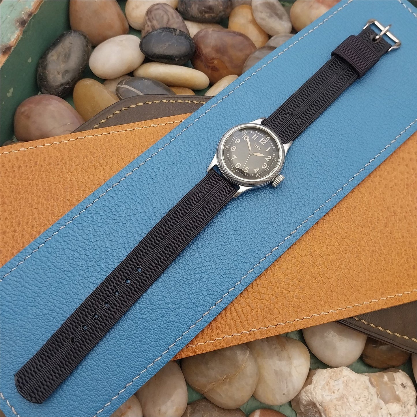 Vintage Classic 1940s 16mm Ribbed Blue Nylon Two Piece NOS Unused Watch Strap