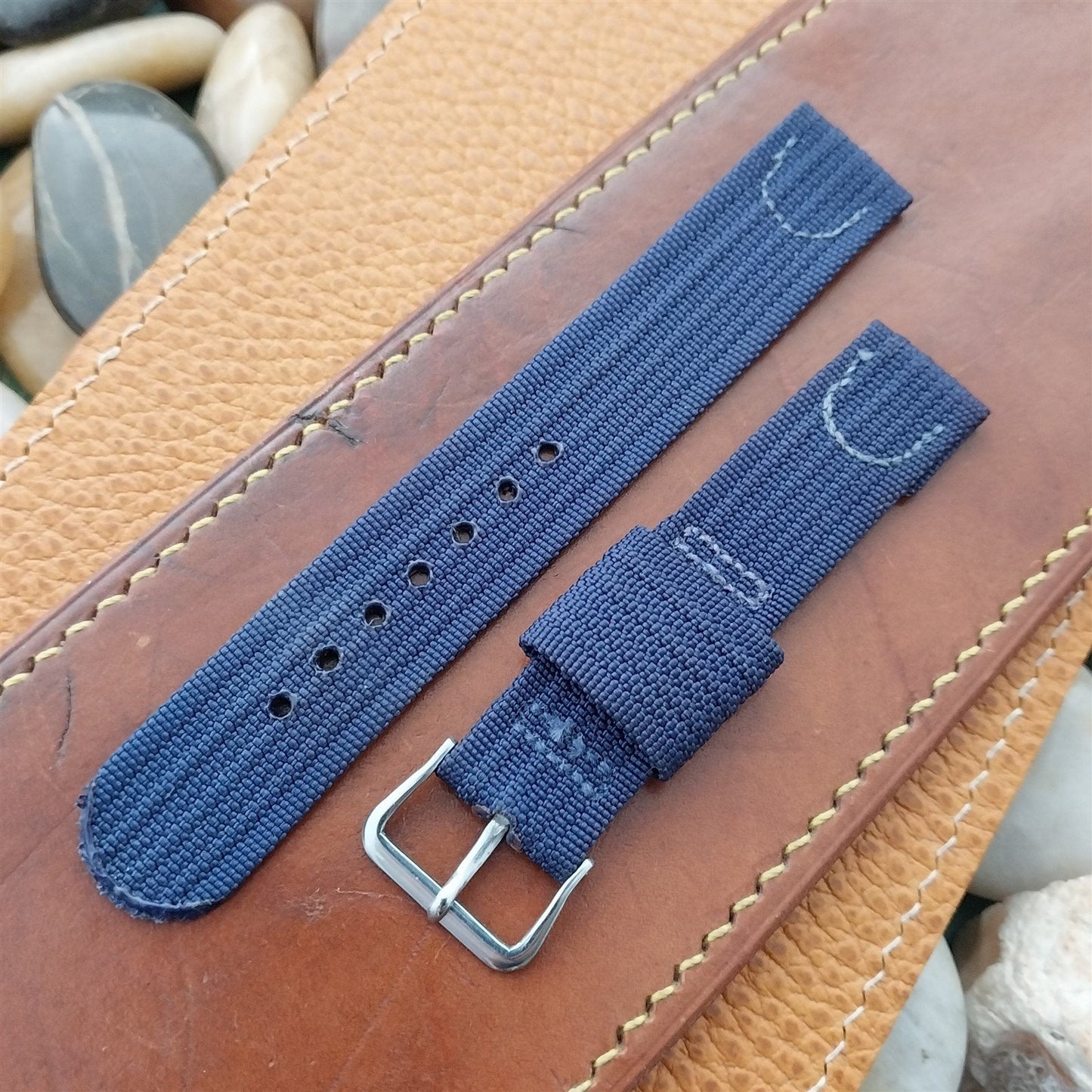 Vintage Blue 1940s 16mm Ribbed Nylon Two Piece Unused Watch Band & Elgin Buckle