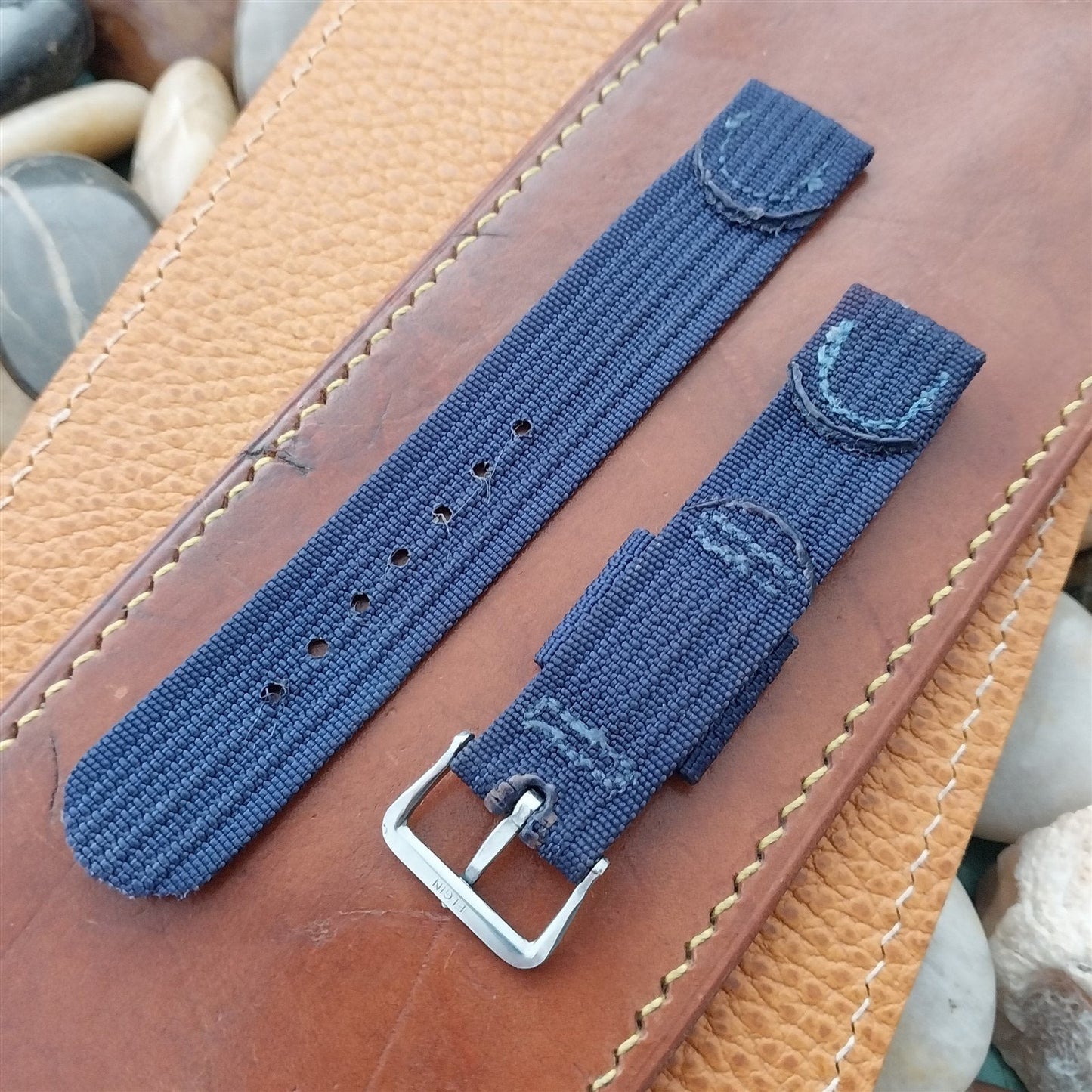 Vintage Blue 1940s 16mm Ribbed Nylon Two Piece Unused Watch Band & Elgin Buckle