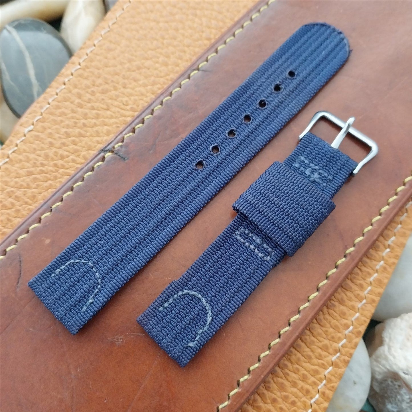 Vintage Blue 1940s 16mm Ribbed Nylon Two Piece Unused Watch Band & Elgin Buckle