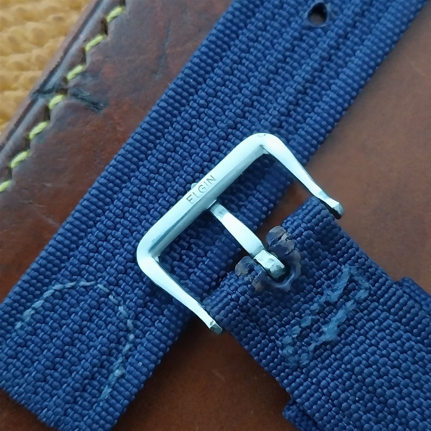 Vintage Blue 1940s 16mm Ribbed Nylon Two Piece Unused Watch Band & Elgin Buckle