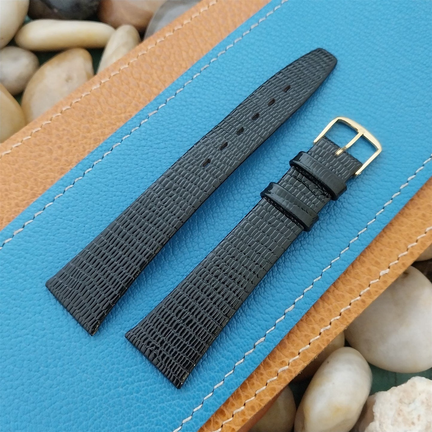 19mm Town &Country Black Unpadded Lizard Grain Leather Tapered Unused Watch Band