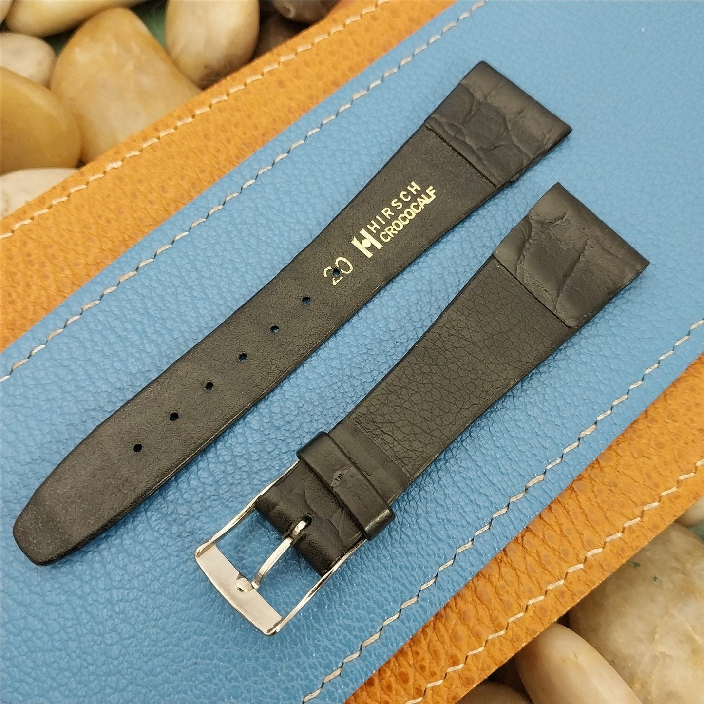 20mm Hirsch Black Simulated Croc Leather Unused Tapered 20/16 Watch Band