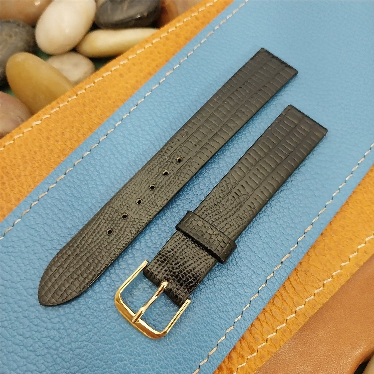 Vintage 16mm Black Lizard-Grain Leather Classic NOS Unused 1970s Watch Band