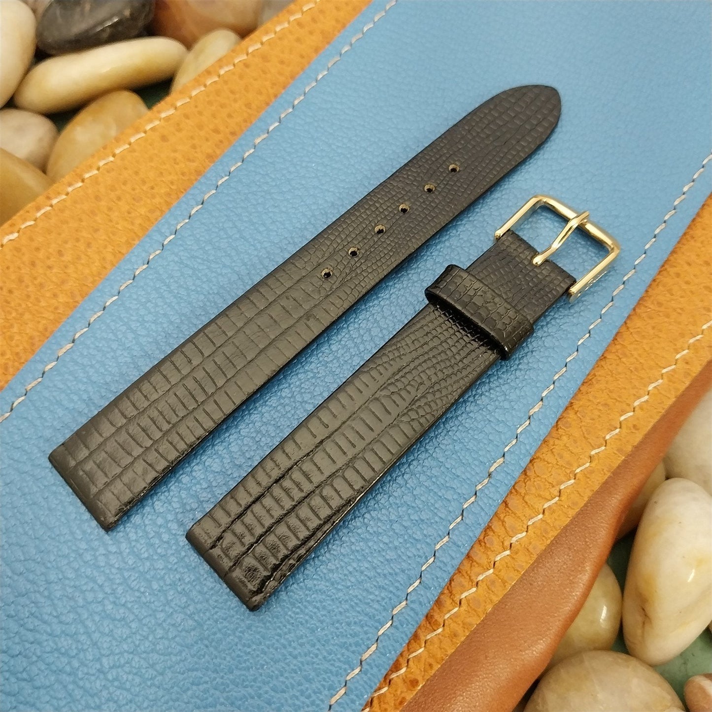 Vintage 16mm Black Lizard-Grain Leather Classic NOS Unused 1970s Watch Band