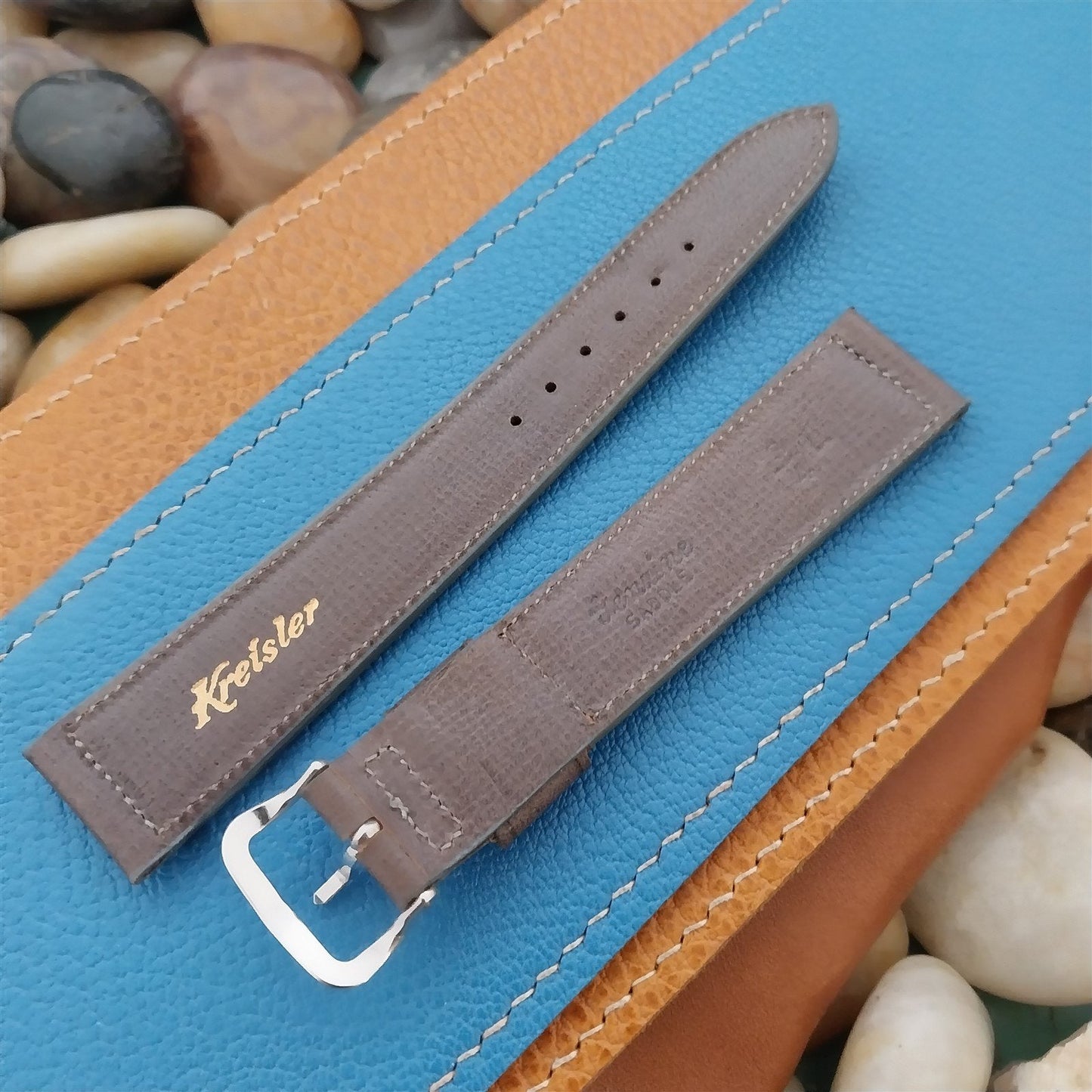 Vintage 19mm Kreisler Gray Saddle Leather Long Unused Classic 1950s Watch Band