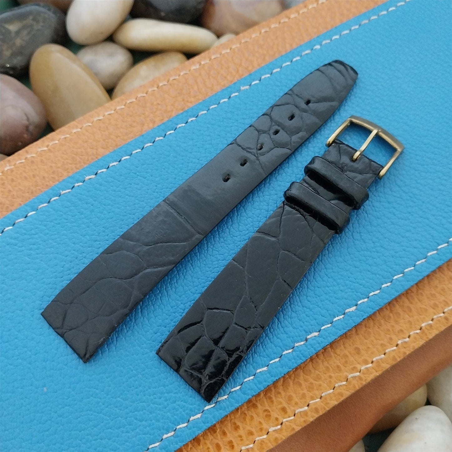 Vintage 17.5mm Alexander Black Thin Alligator Unused Classic 1960s Watch Band