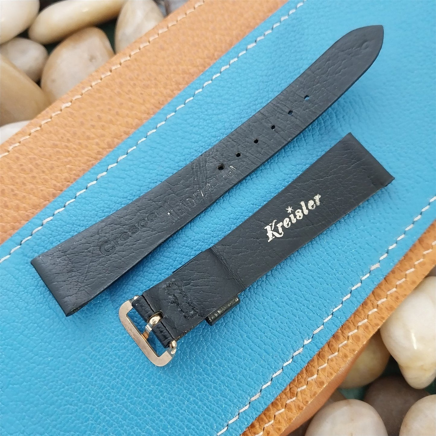 11/16" Kreisler Crescent Black Leather Unused Tapered 1960s Vintage Watch Band