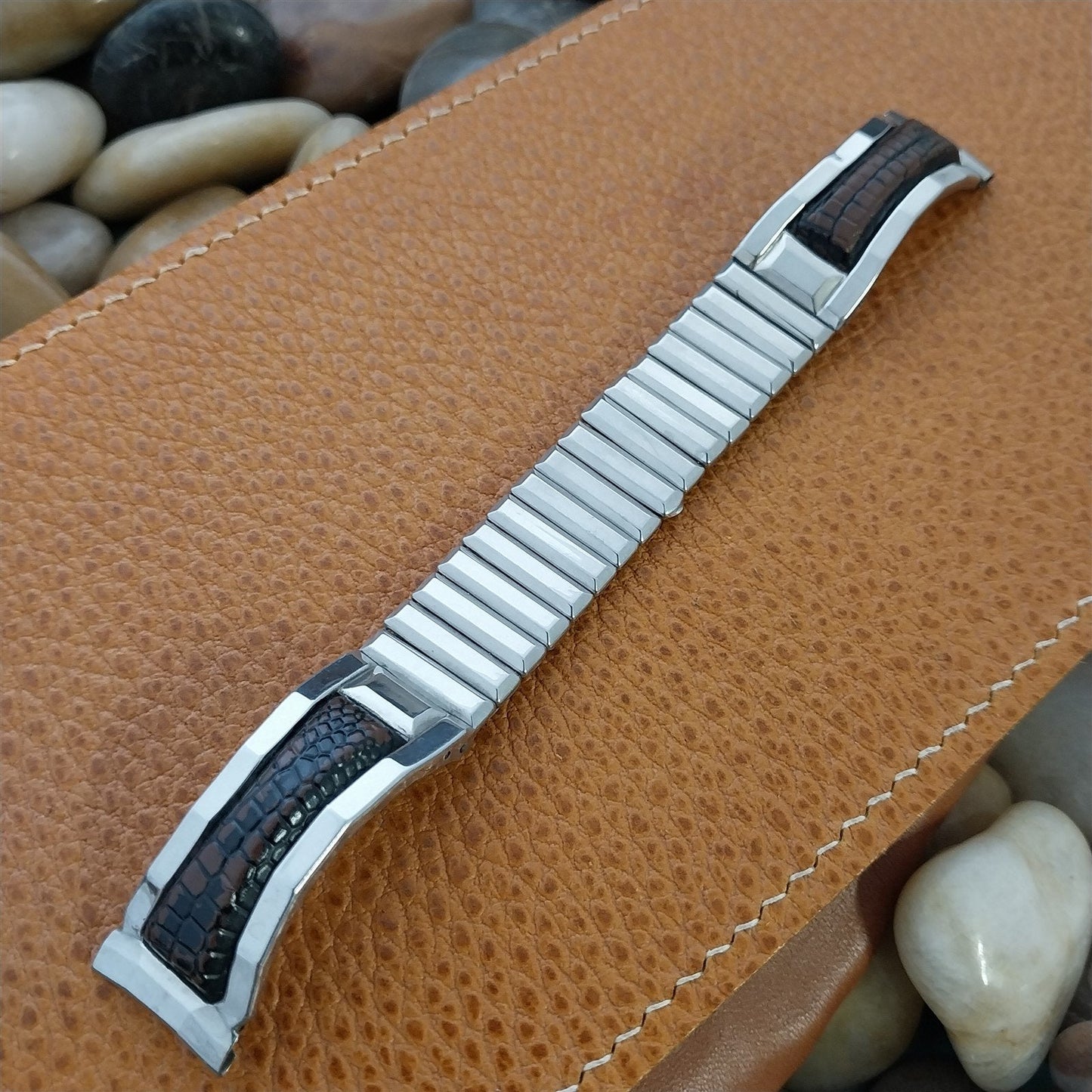 17mm Stainless Steel & Lizard Grain Leatherette Expansion Unused 1960s Watch Band