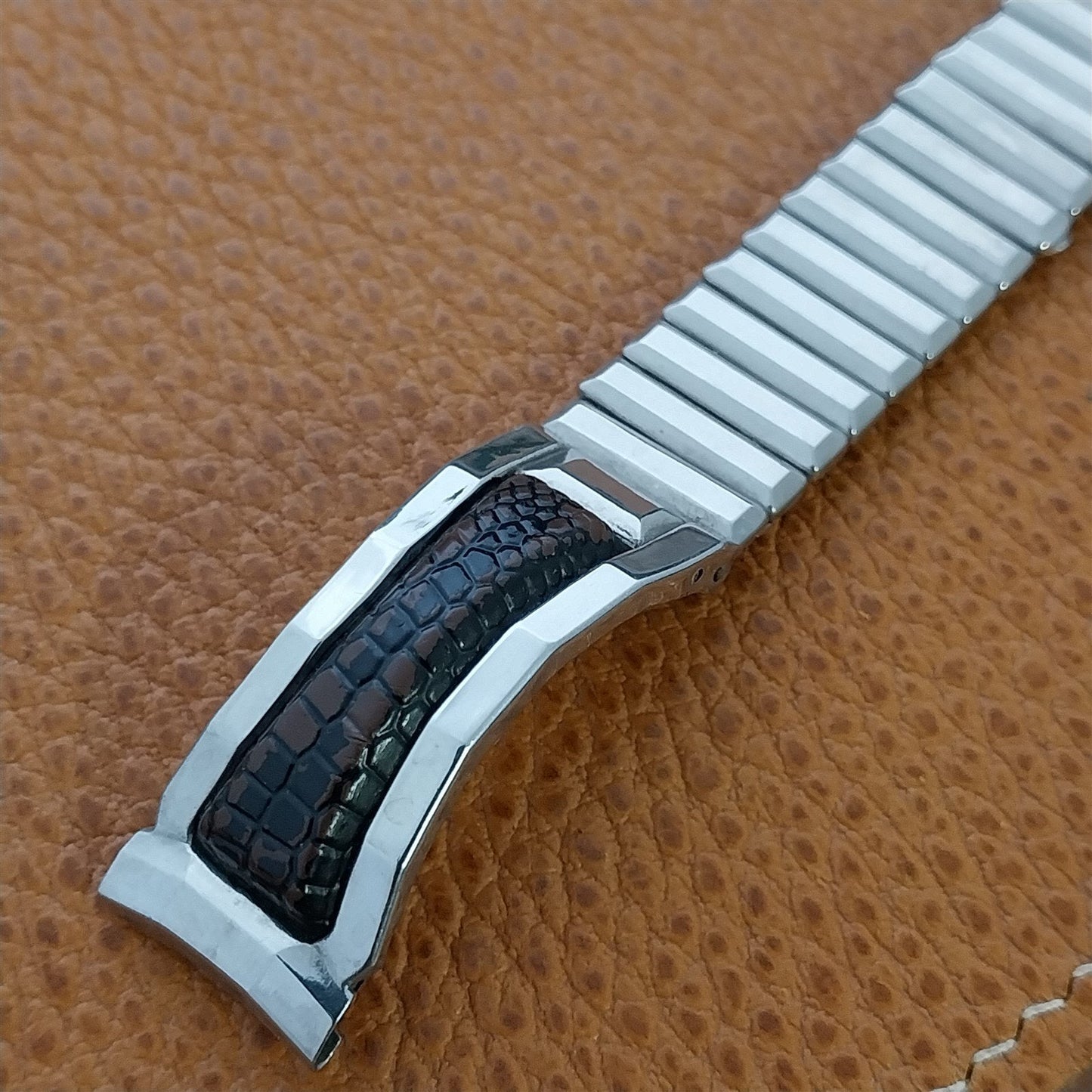 17mm Stainless Steel & Lizard Grain Leatherette Expansion Unused 1960s Watch Band