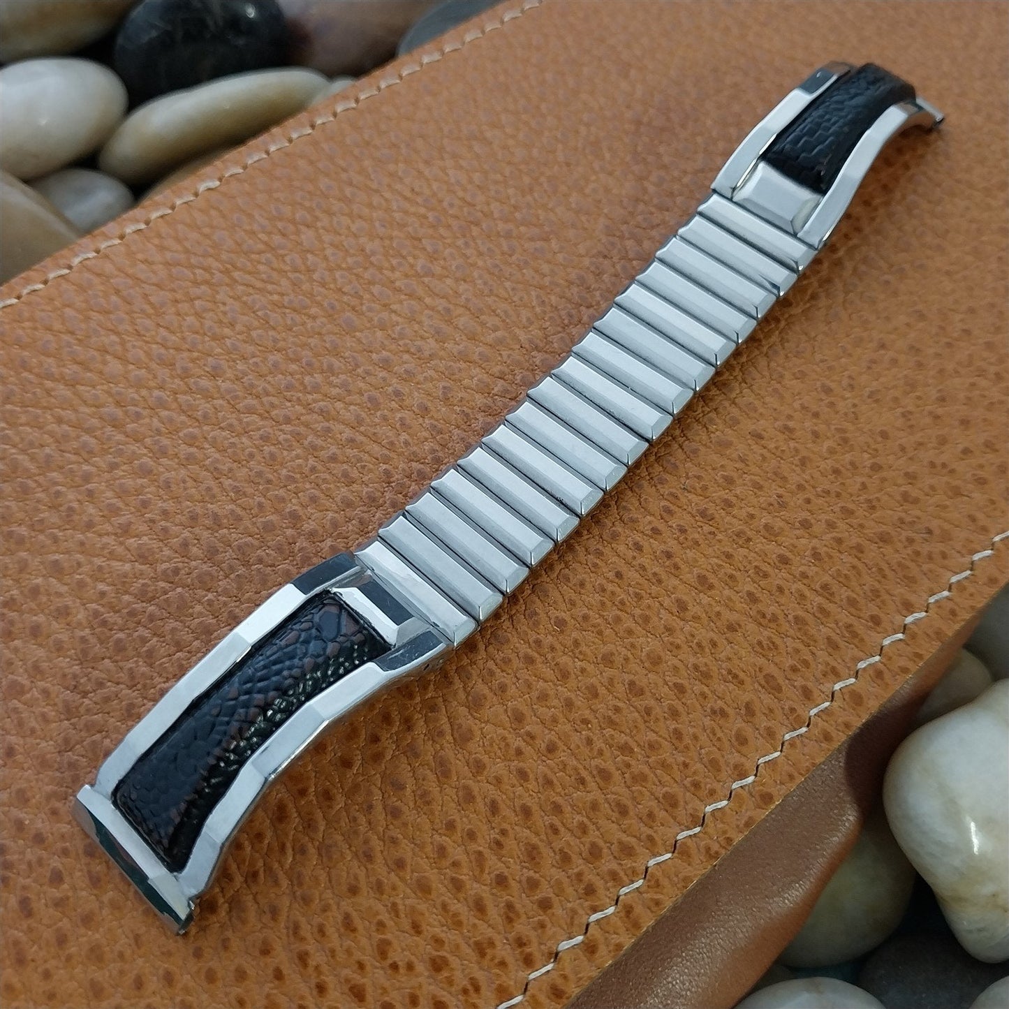 17mm Stainless Steel & Lizard Grain Leatherette Expansion Unused 1960s Watch Band