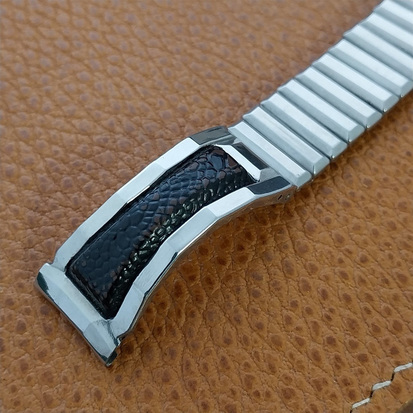 17mm Stainless Steel & Lizard Grain Leatherette Expansion Unused 1960s Watch Band