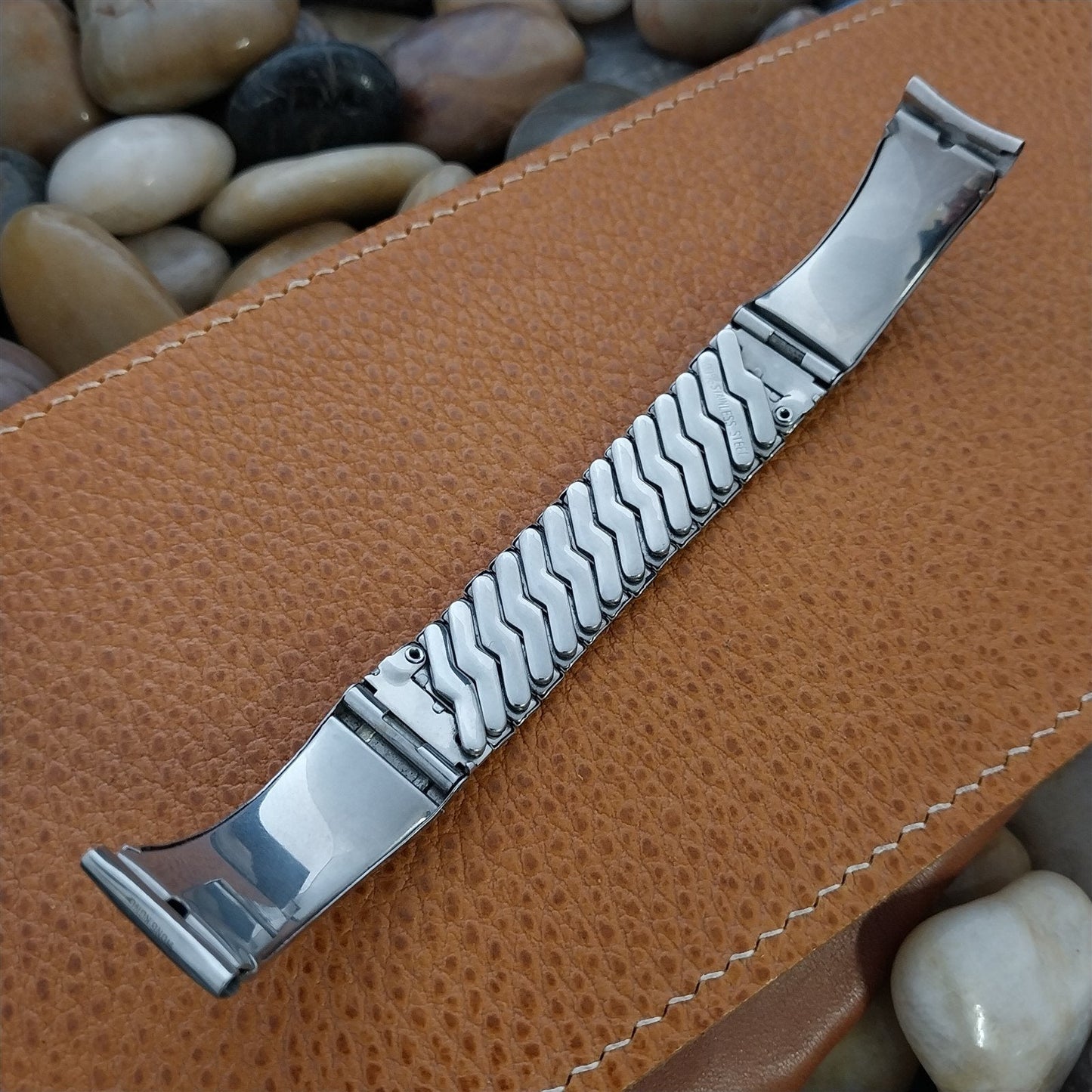 17mm Stainless Steel & Lizard Grain Leatherette Expansion Unused 1960s Watch Band