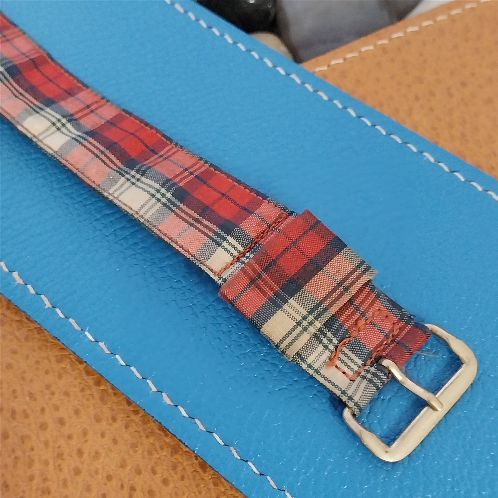 19mm Blue & Red Tartan Plaid Classic Unused Classic nos 1950s Vintage Watch Band